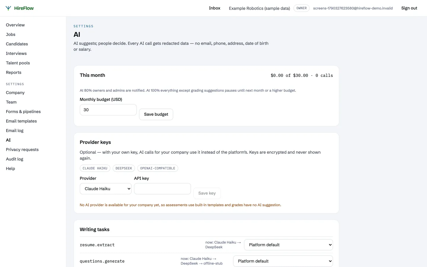 AI settings: monthly budget, provider keys and the model for each task (sample data)