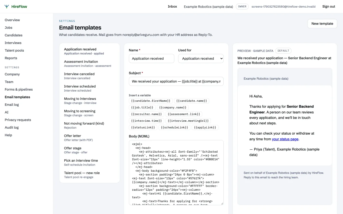The email template editor with variables and a live preview (sample data)
